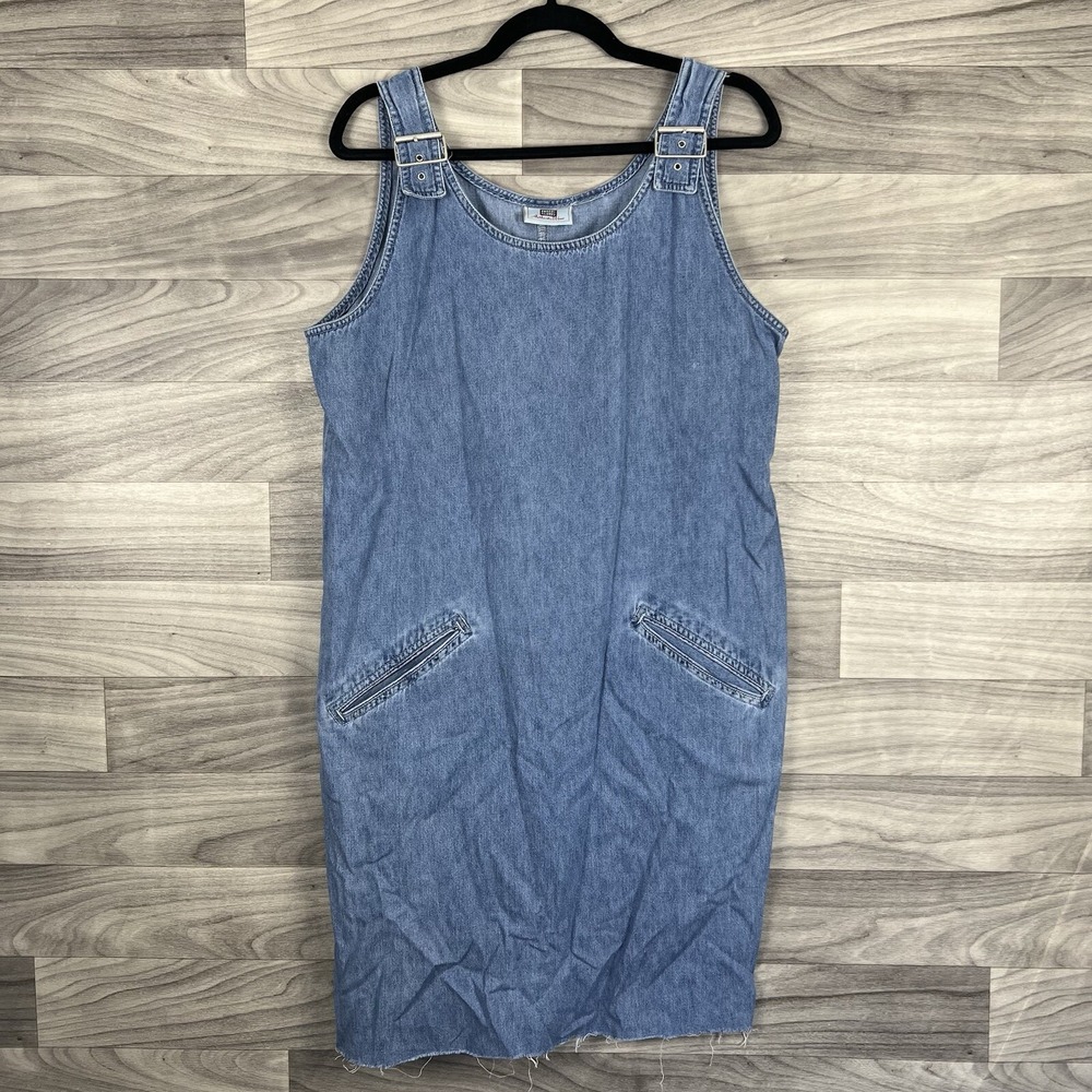 Vintage Faded Glory‎ Overall Dress Womens Medium Blue Denim Pockets Western Boho